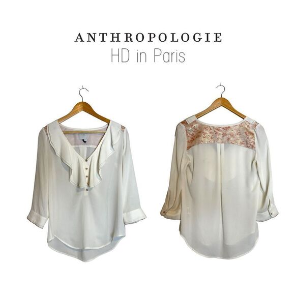 Anthropologie HD in Paris Cream Pink Sparkle Elinor Ruffle Long Sleeve Top - Picture 1 of 17